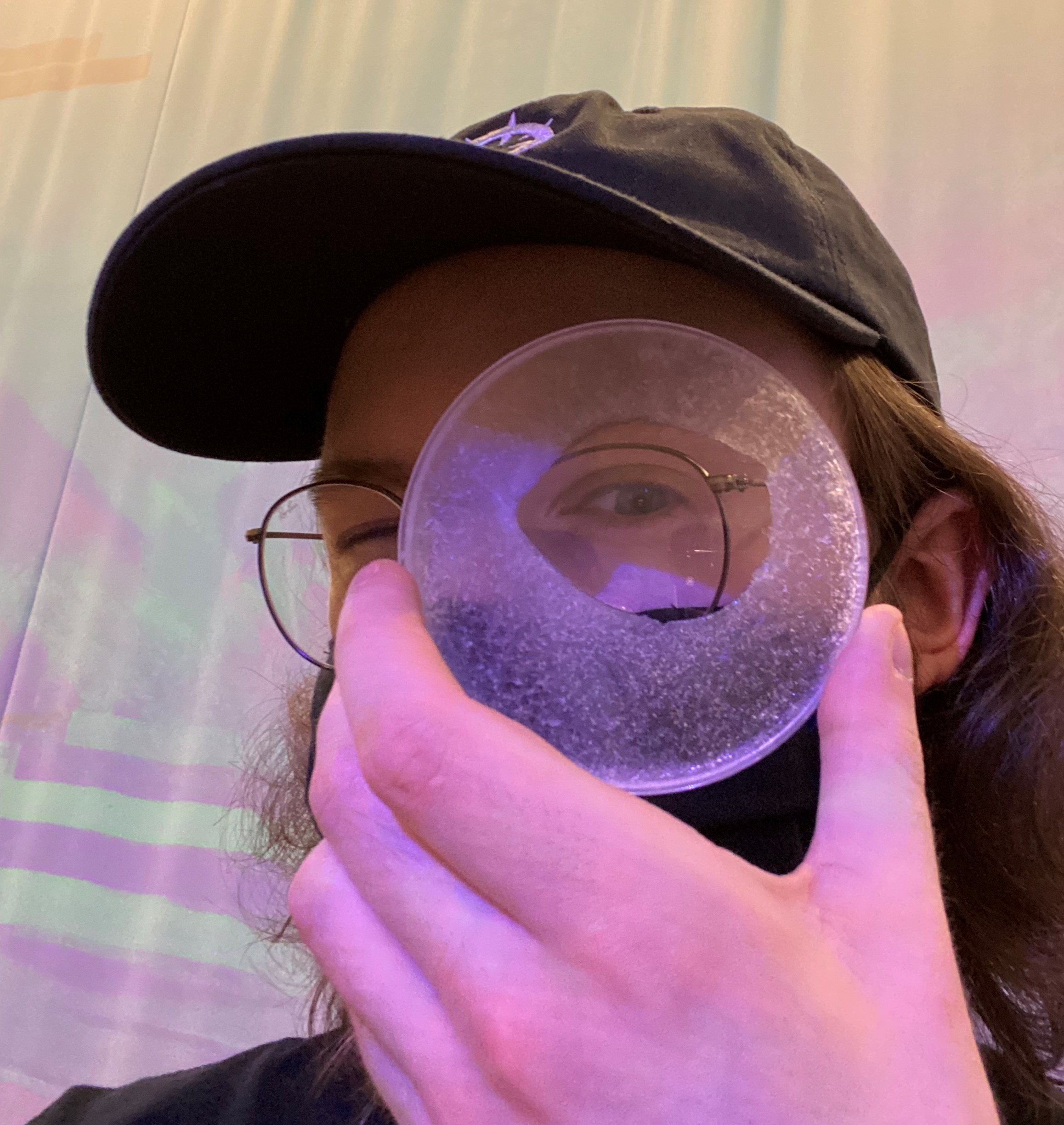 Looking through one of the crystals formed in the petri dish